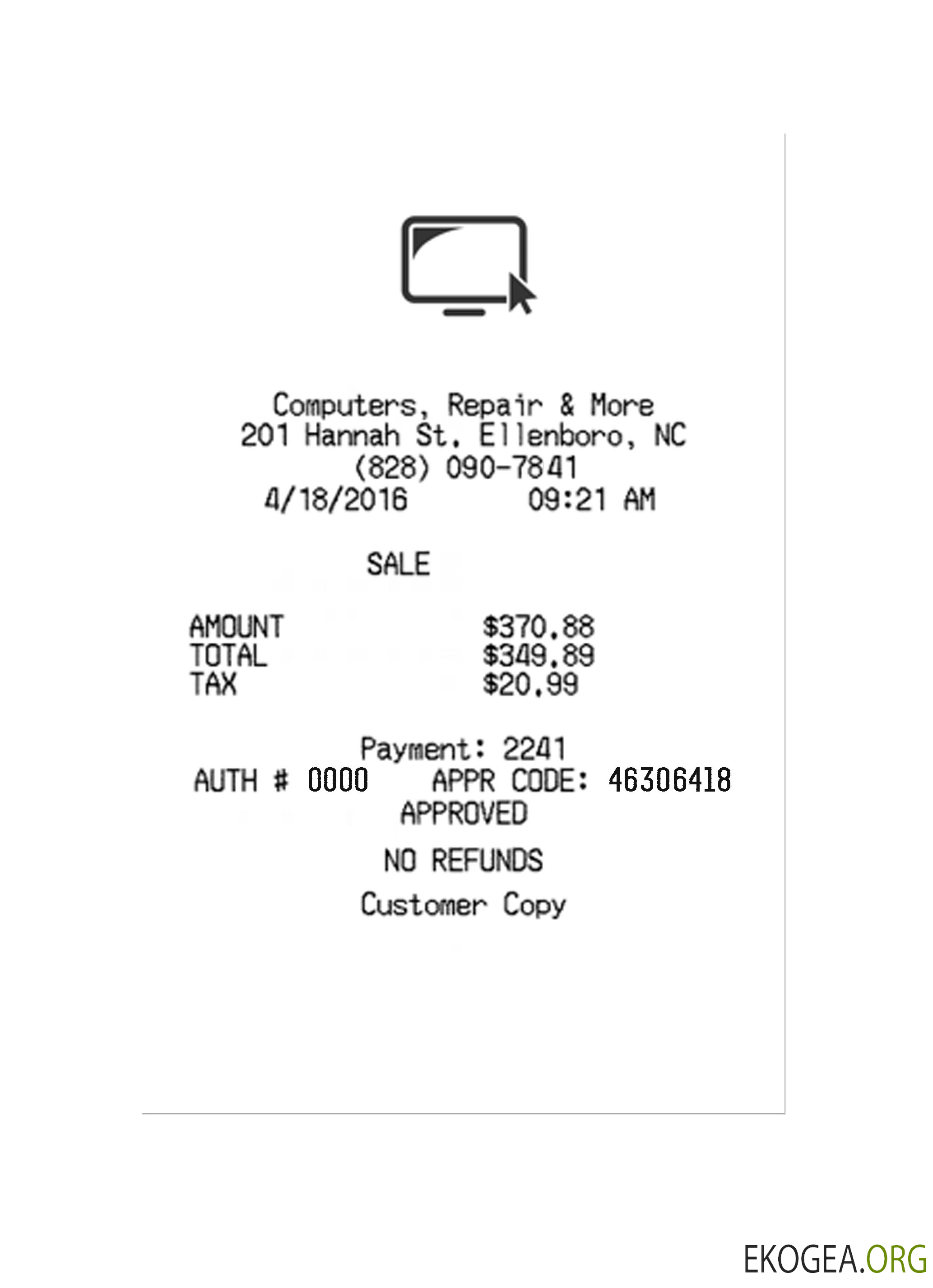 Reçu de paiement ORDINATEURS, RÉPARATION ET PLUS